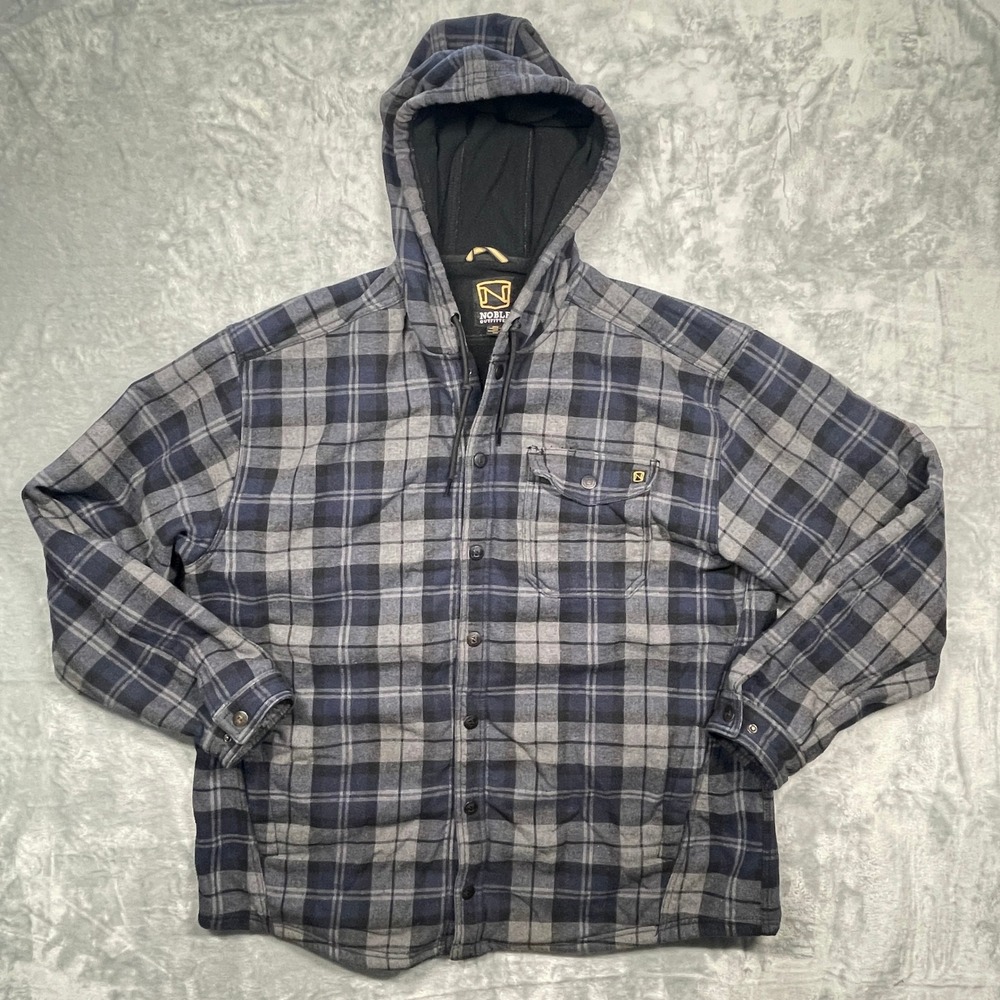 Noble Outfitters Fleece Lined Hooded Flannel Shirt Mens‎ 2XL Blue Grey Plaid